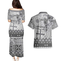 Vintage Bula Fiji Personalised Couples Matching Puletasi and Hawaiian Shirt Beige Hibiscus Tapa Pattern