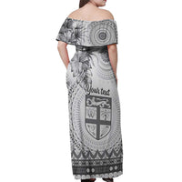 Vintage Bula Fiji Personalised Off Shoulder Maxi Dress Beige Hibiscus Tapa Pattern