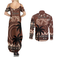 Personalised Bula Fiji 679 Couples Matching Summer Maxi Dress and Long Sleeve Button Shirt Fijian Tagimoucia Masi Tapa Art