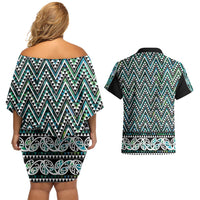 New Zealand Maori Niho Taniwha Couples Matching Off Shoulder Short Dress and Hawaiian Shirt Papua Shell - Mangopare Puhoro Pattern