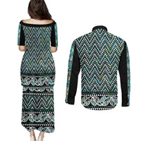 New Zealand Maori Niho Taniwha Couples Matching Puletasi and Long Sleeve Button Shirt Papua Shell - Mangopare Puhoro Pattern