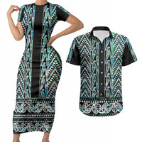 New Zealand Maori Niho Taniwha Couples Matching Short Sleeve Bodycon Dress and Hawaiian Shirt Papua Shell - Mangopare Puhoro Pattern LT9 Green - Polynesian Pride