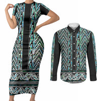 New Zealand Maori Niho Taniwha Couples Matching Short Sleeve Bodycon Dress and Long Sleeve Button Shirt Papua Shell - Mangopare Puhoro Pattern LT9 Green - Polynesian Pride