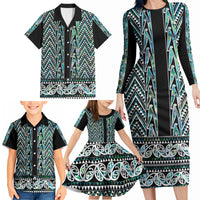 New Zealand Maori Niho Taniwha Family Matching Long Sleeve Bodycon Dress and Hawaiian Shirt Papua Shell - Mangopare Puhoro Pattern LT9 - Polynesian Pride