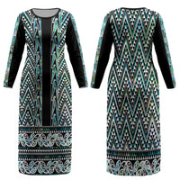 New Zealand Maori Niho Taniwha Family Matching Long Sleeve Bodycon Dress and Hawaiian Shirt Papua Shell - Mangopare Puhoro Pattern LT9 Mom's Dress Green - Polynesian Pride