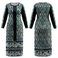 New Zealand Maori Niho Taniwha Family Matching Long Sleeve Bodycon Dress and Hawaiian Shirt Papua Shell - Mangopare Puhoro Pattern LT9 Mom's Dress Green - Polynesian Pride