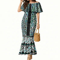 New Zealand Maori Niho Taniwha Mermaid Dress Papua Shell - Mangopare Puhoro Pattern LT9 Women Green - Polynesian Pride