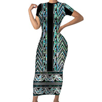 New Zealand Maori Niho Taniwha Short Sleeve Bodycon Dress Papua Shell - Mangopare Puhoro Pattern LT9 Long Dress Green - Polynesian Pride