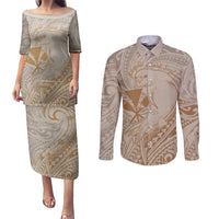 Hawaii Monk Seal and Map Couples Matching Puletasi and Long Sleeve Button Shirt Polynesian Kanaka Maoli Beige Vibe