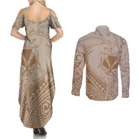 Hawaii Monk Seal and Map Couples Matching Summer Maxi Dress and Long Sleeve Button Shirt Polynesian Kanaka Maoli Beige Vibe