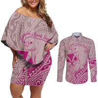 Hawaii Monk Seal and Map Couples Matching Off Shoulder Short Dress and Long Sleeve Button Shirt Polynesian Kanaka Maoli Pink Vibe