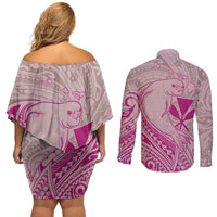 Hawaii Monk Seal and Map Couples Matching Off Shoulder Short Dress and Long Sleeve Button Shirt Polynesian Kanaka Maoli Pink Vibe