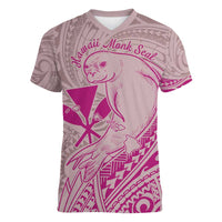Hawaii Monk Seal and Map Women V-Neck T-Shirt Polynesian Kanaka Maoli Pink Vibe