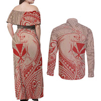 Hawaii Monk Seal and Map Couples Matching Off Shoulder Maxi Dress and Long Sleeve Button Shirt Polynesian Kanaka Maoli Red Vibe
