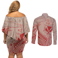 Hawaii Monk Seal and Map Couples Matching Off Shoulder Short Dress and Long Sleeve Button Shirt Polynesian Kanaka Maoli Red Vibe