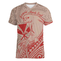 Hawaii Monk Seal and Map Women V-Neck T-Shirt Polynesian Kanaka Maoli Red Vibe