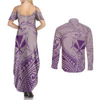 Hawaii Monk Seal and Map Couples Matching Summer Maxi Dress and Long Sleeve Button Shirt Polynesian Kanaka Maoli Violet Vibe