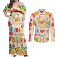 Kawaii Turtle Couples Matching Off Shoulder Maxi Dress and Long Sleeve Button Shirt Aloha Hibiscus Flowers LT9 Beige - Polynesian Pride