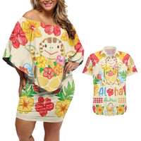 Kawaii Turtle Couples Matching Off Shoulder Short Dress and Hawaiian Shirt Aloha Hibiscus Flowers