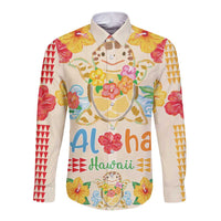 Kawaii Turtle Long Sleeve Button Shirt Aloha Hibiscus Flowers LT9 Unisex Beige - Polynesian Pride
