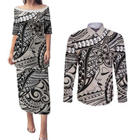 Polynesian Girl Tribal Tattoo Couples Matching Puletasi and Long Sleeve Button Shirt Beige Vibe LT9 Beige - Polynesian Pride