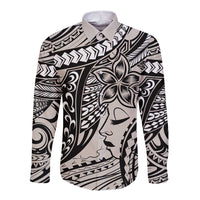 Polynesian Girl Tribal Tattoo Long Sleeve Button Shirt Beige Vibe LT9 Unisex Beige - Polynesian Pride