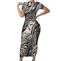 Polynesian Girl Tribal Tattoo Short Sleeve Bodycon Dress Beige Vibe