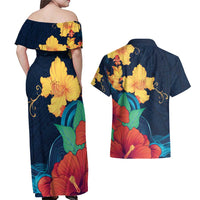 Polynesian Hibiscus Flower Waves Pattern Couples Matching Off Shoulder Maxi Dress and Hawaiian Shirt