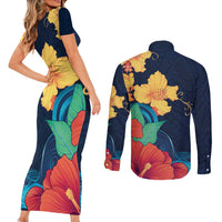 Polynesian Hibiscus Flower Waves Pattern Couples Matching Short Sleeve Bodycon Dress and Long Sleeve Button Shirt LT9 - Polynesian Pride