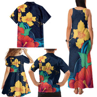 Polynesian Hibiscus Flower Waves Pattern Family Matching Tank Maxi Dress and Hawaiian Shirt