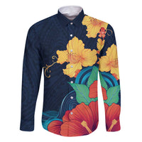 Polynesian Hibiscus Flower Waves Pattern Family Matching Tank Maxi Dress and Hawaiian Shirt