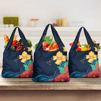Polynesian Hibiscus Flower Waves Pattern Grocery Bag LT9 3-pack One Size Dark Blue - Polynesian Pride