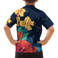 Polynesian Hibiscus Flower Waves Pattern Kid Hawaiian Shirt