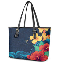 Polynesian Hibiscus Flower Waves Pattern Leather Tote Bag LT9 - Polynesian Pride