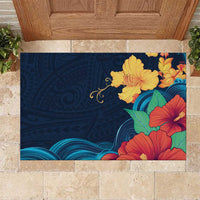 Polynesian Hibiscus Flower Waves Pattern Rubber Doormat LT9 Dark Blue - Polynesian Pride