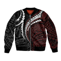 Polynesian Oxblood Line Art Tribal Tattoo Sleeve Zip Bomber Jacket