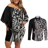 Polynesian Plumeria Floral Tattoo Pattern Couples Matching Off Shoulder Short Dress and Long Sleeve Button Shirt Beige Style LT9 Beige - Polynesian Pride