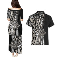 Polynesian Plumeria Floral Tattoo Pattern Couples Matching Puletasi and Hawaiian Shirt Beige Style LT9 - Polynesian Pride