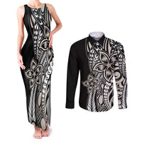 Polynesian Plumeria Floral Tattoo Pattern Couples Matching Tank Maxi Dress and Long Sleeve Button Shirt Beige Style LT9 Beige - Polynesian Pride