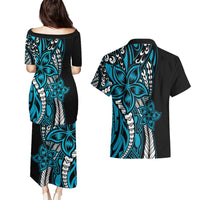 Polynesian Plumeria Floral Tattoo Pattern Couples Matching Puletasi and Hawaiian Shirt Blue Style LT9 - Polynesian Pride