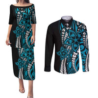 Polynesian Plumeria Floral Tattoo Pattern Couples Matching Puletasi and Long Sleeve Button Shirt Blue Style LT9 Blue - Polynesian Pride