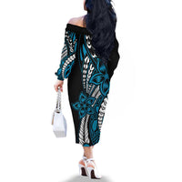 Polynesian Plumeria Floral Tattoo Pattern Family Matching Off The Shoulder Long Sleeve Dress and Hawaiian Shirt Bllue Style