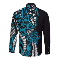 Polynesian Plumeria Floral Tattoo Pattern Long Sleeve Button Shirt Bllue Style