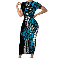Polynesian Plumeria Floral Tattoo Pattern Short Sleeve Bodycon Dress Bllue Style