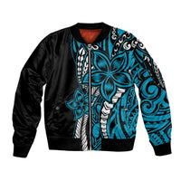 Polynesian Plumeria Floral Tattoo Pattern Sleeve Zip Bomber Jacket Bllue Style