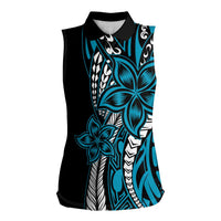 Polynesian Plumeria Floral Tattoo Pattern Women Sleeveless Polo Shirt Bllue Style