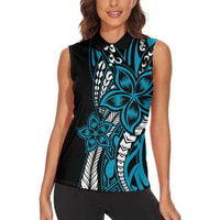 Polynesian Plumeria Floral Tattoo Pattern Women Sleeveless Polo Shirt Bllue Style