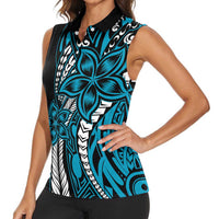 Polynesian Plumeria Floral Tattoo Pattern Women Sleeveless Polo Shirt Bllue Style