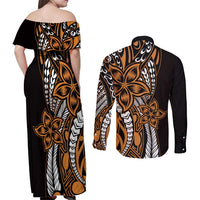 Polynesian Plumeria Floral Tattoo Pattern Couples Matching Off Shoulder Maxi Dress and Long Sleeve Button Shirt Gold Style LT9 - Polynesian Pride