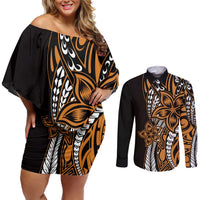 Polynesian Plumeria Floral Tattoo Pattern Couples Matching Off Shoulder Short Dress and Long Sleeve Button Shirt Gold Style LT9 Gold - Polynesian Pride